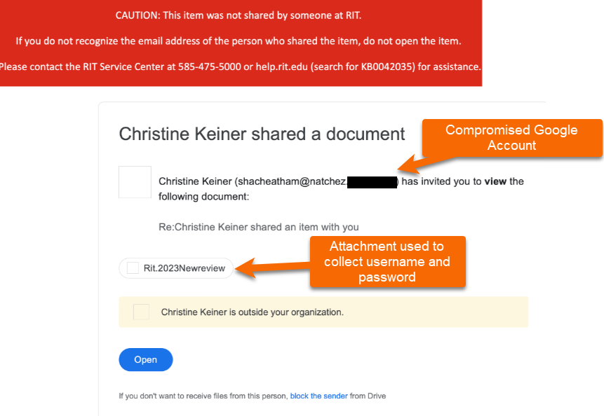 Screnshot of Google Workspace phish showing external sender