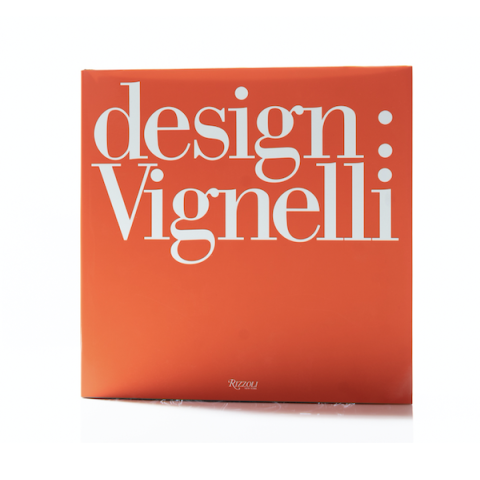 a cover of a book with white type - design:Vignelli on a red background.