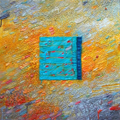 a square textural surface with lines and imprinted symbols over a color block layout of a turquoise square at the center and burnt orange, yellow and blues smeared around the perimeter.  