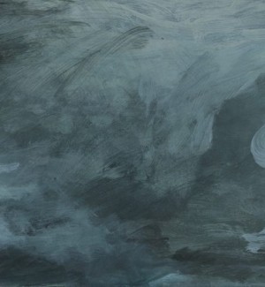 an abstract painting deep tones - black, blue, grey that resembles a vague landscape. 