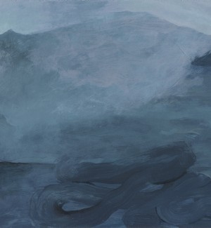 an abstract painting deep tones - black, blue, grey that resembles a vague landscape. 