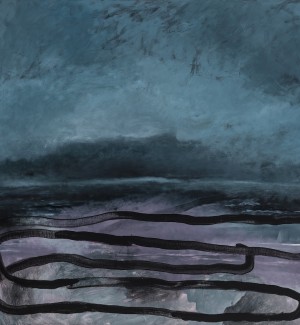 an abstract painting deep tones - black, blue, grey that resembles a vague landscape.
