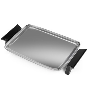 a sleek, modern, stainless steel rectangular serving tray with black feet and handles.