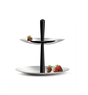 a sleek modern stainless steel two-tiered serving dish with a central black core that emerges from the top as a handle.