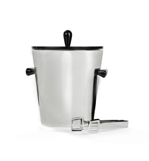 a sleek modern stainless steel ice bucket with a set of tongs.