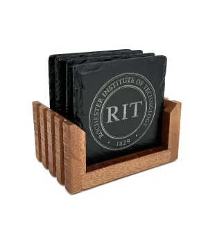 a set of four black slate coaster with the RIT logo all standing in a sectioned wood presentation base. 