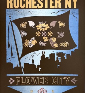 a letterpress print on brown paper with a flag flying over a city skyline with the words, Rochester, NY, Flower City.