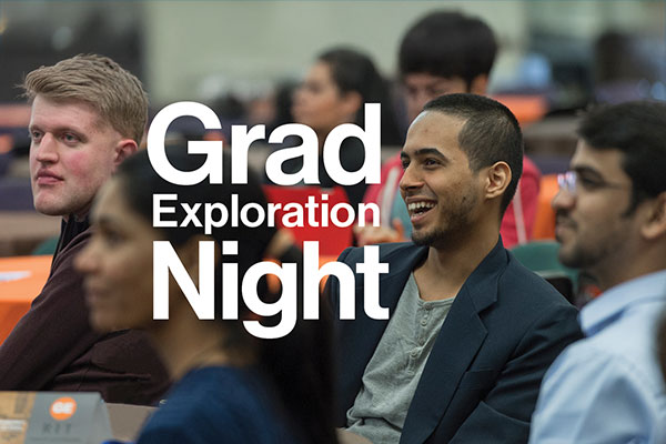 "Grad exploration night" with a group of people sitting in a large room having a good time as the background