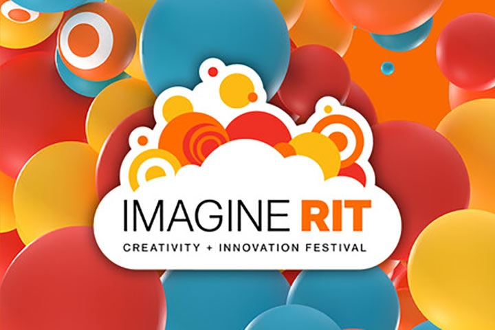 Imagine RIT logo overlay against colorful 3D bubbles