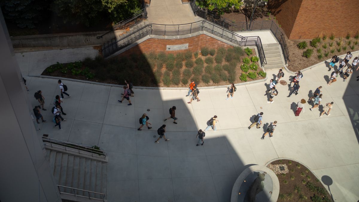 An aerial view of students walking along a concrete pathway bordered by landscaped greenery.