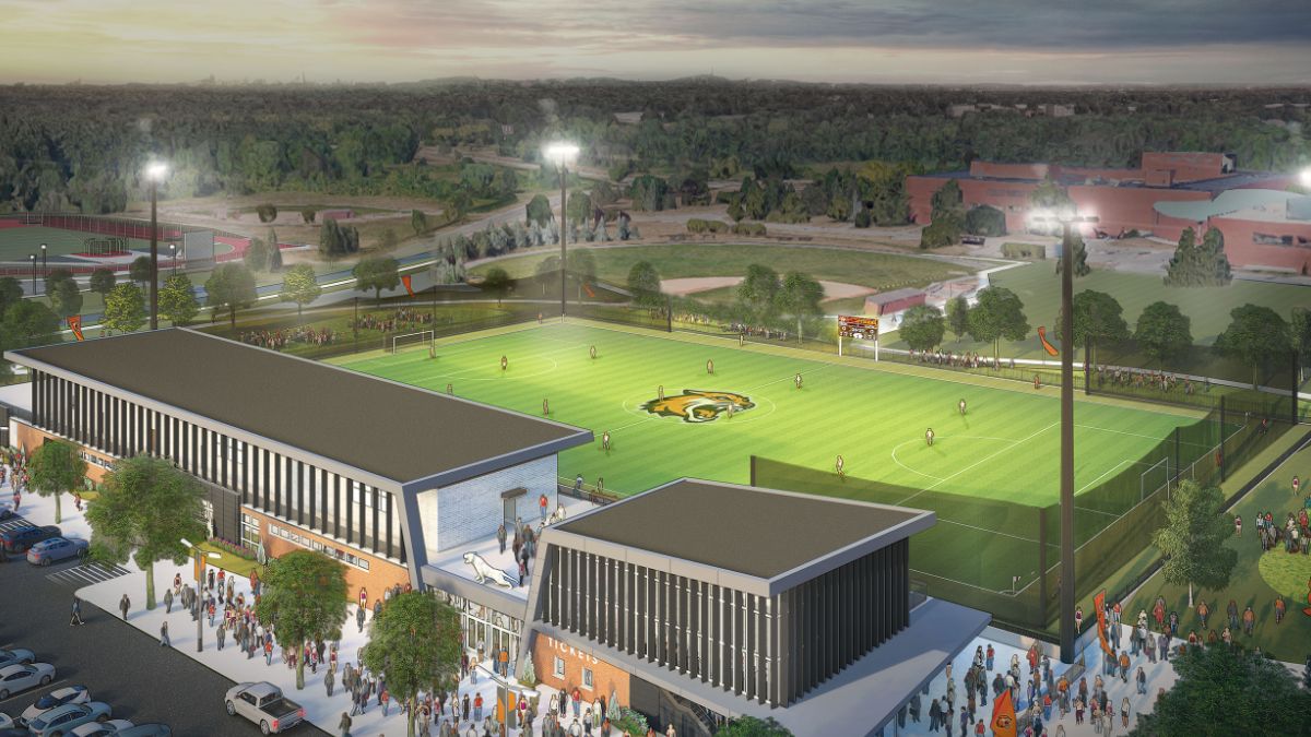 Concept rendering showing crowd gathered outside a newly renovated athletic stadium under bright lights.