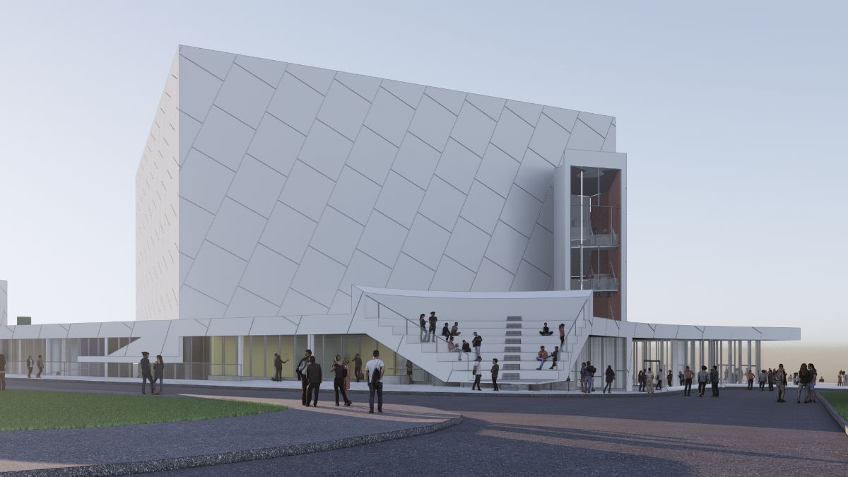 Conceptual image of a minimalist, cube-shaped theater with people gathered around, enjoying an outdoor space.