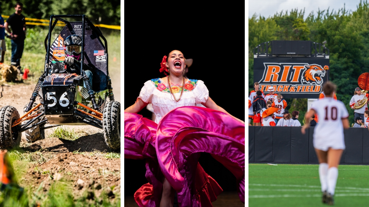 A three-panel image showing students participating in off-road racing, cultural dance, and sports activities on the R I T campus.