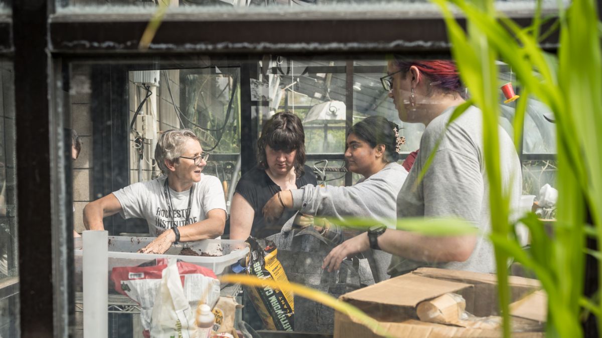 Faculty and students discussing garden projects inside a greenhouse, visible through the glass with plants framing the view.