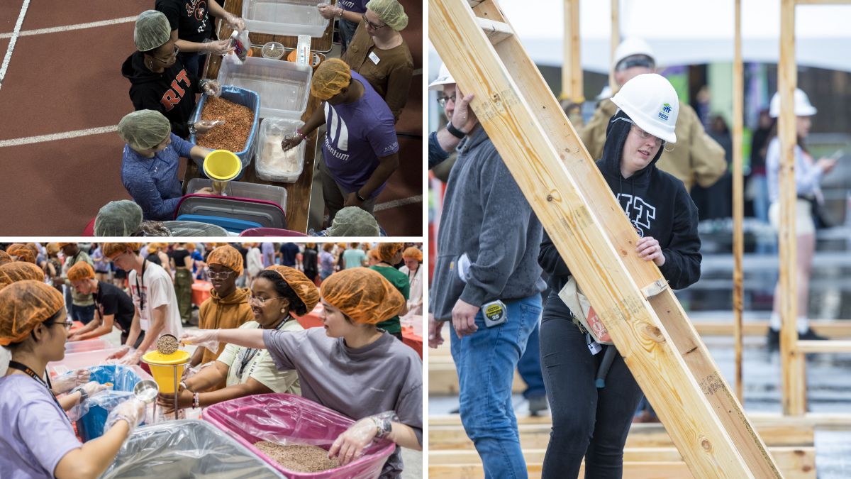 A composite image showing volunteers packaging food and building a Habitat for Humanity structure.