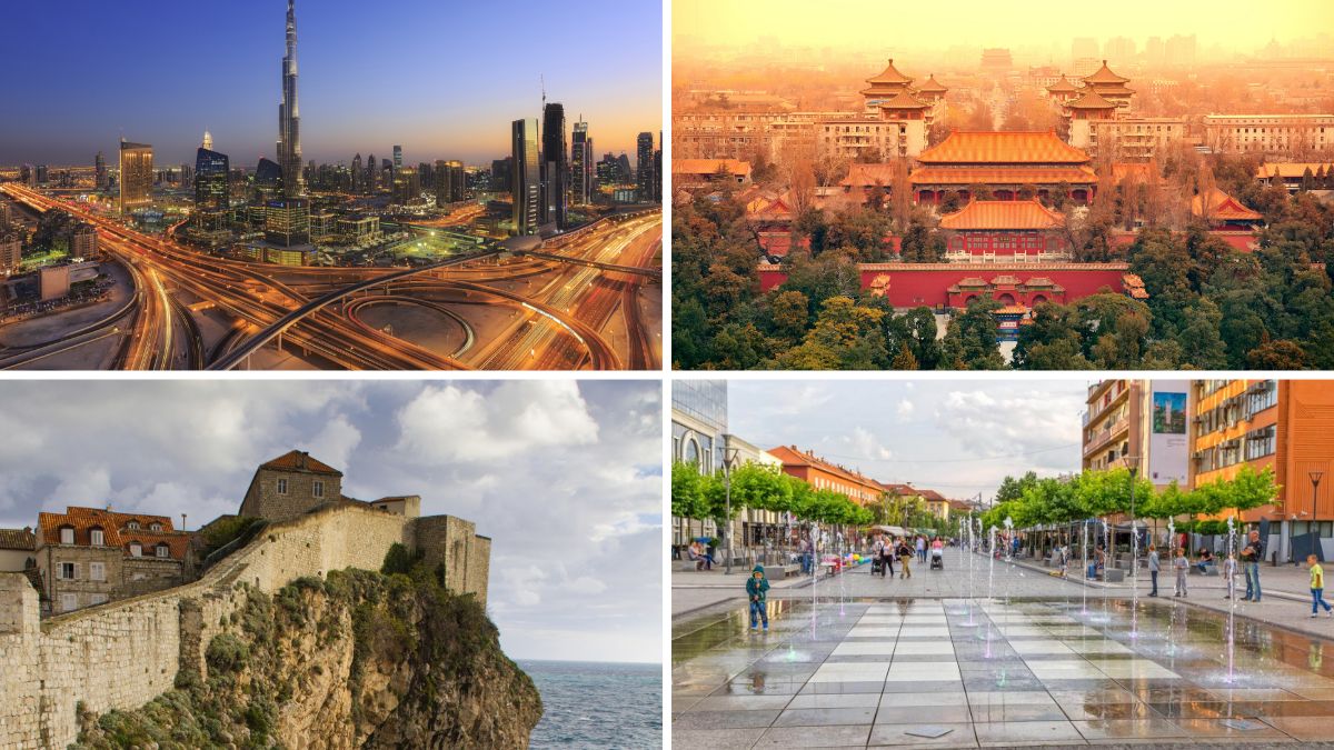 A collage of four city scenes featuring Dubai, Beijing, Dubrovnik, and a modern European street with fountains.