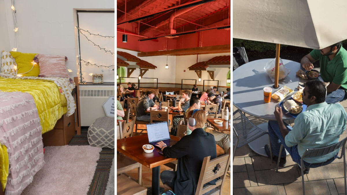 A collage of images showing the interior of a dorm room, a dining area, and students sitting at a table outside.