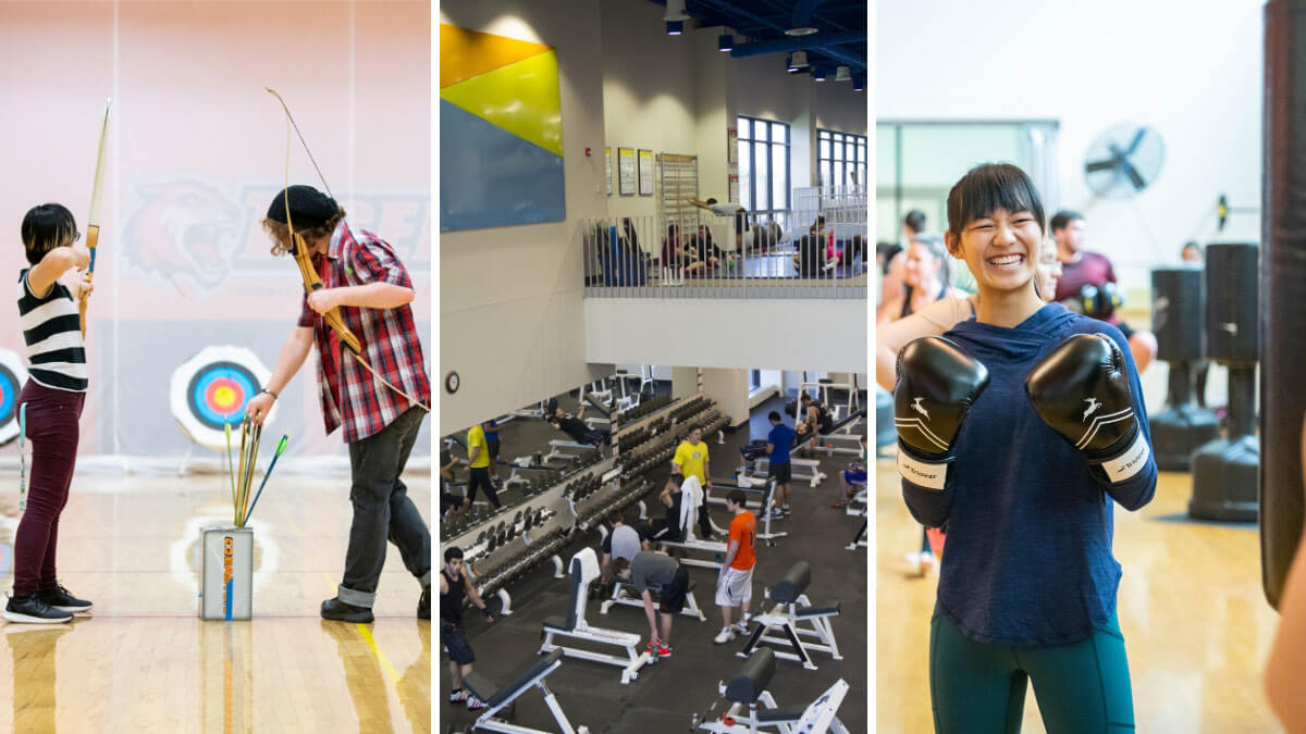 A collage of students participating in different activities, including: archery, weight lifting, and boxing.