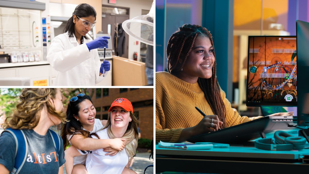 A collage showing a student in a lab, a smiling group of friends, and another student working on a digital screen.