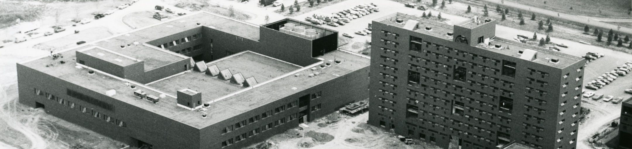 19 74 black and white aerial photo of the NTID academic building and resident hall