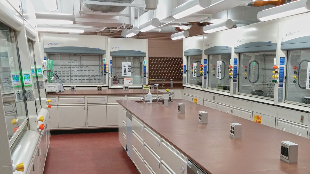 Chemistry lab with sinks and outlets.