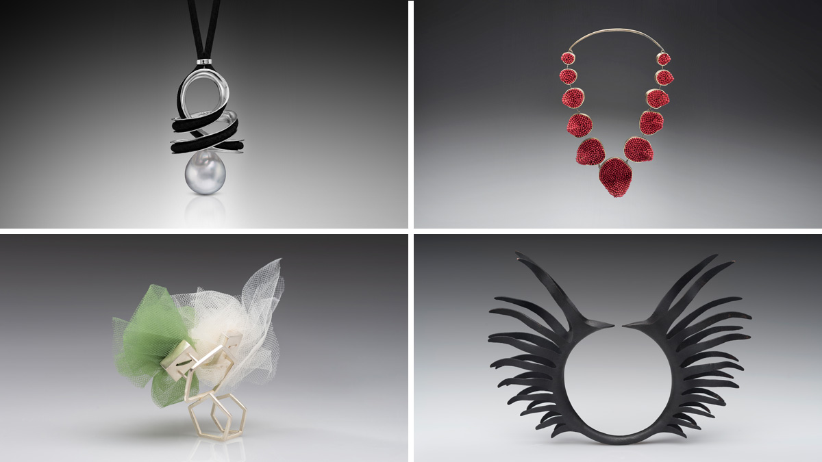 Various student work from the metals and jewelry design option.