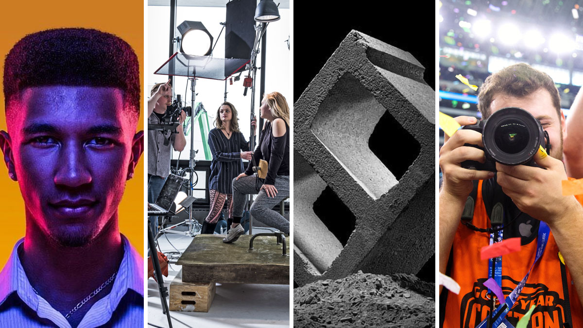 Collage of four images showing a man against an orange background, a photo session in progress, a cinderblock resting on a corner, and a photographer on the field as a football team celebrates around him.