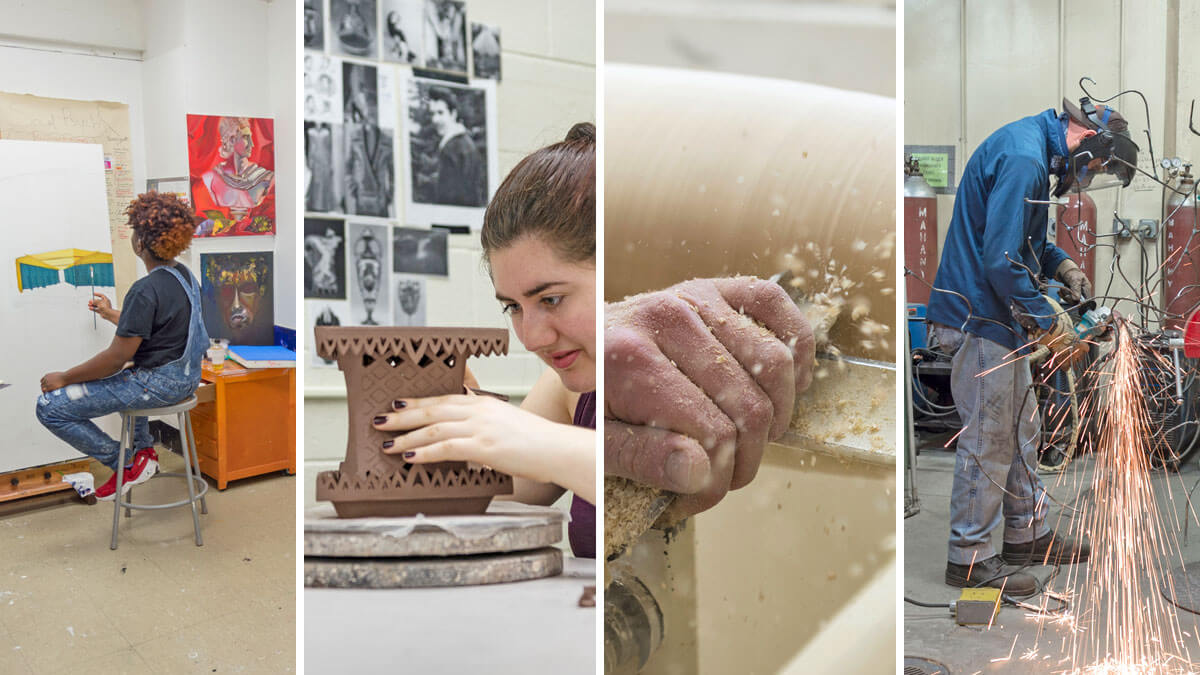 A collage of four images showing students painting, working with clay, turning a piece of wood on a lathe, and welding a metal sculpture.