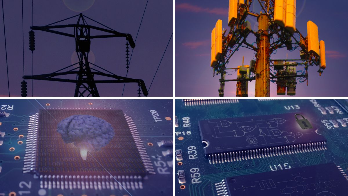 A collage of images representing electrical and computer engineering, including circuit boards, power lines, and antennas.