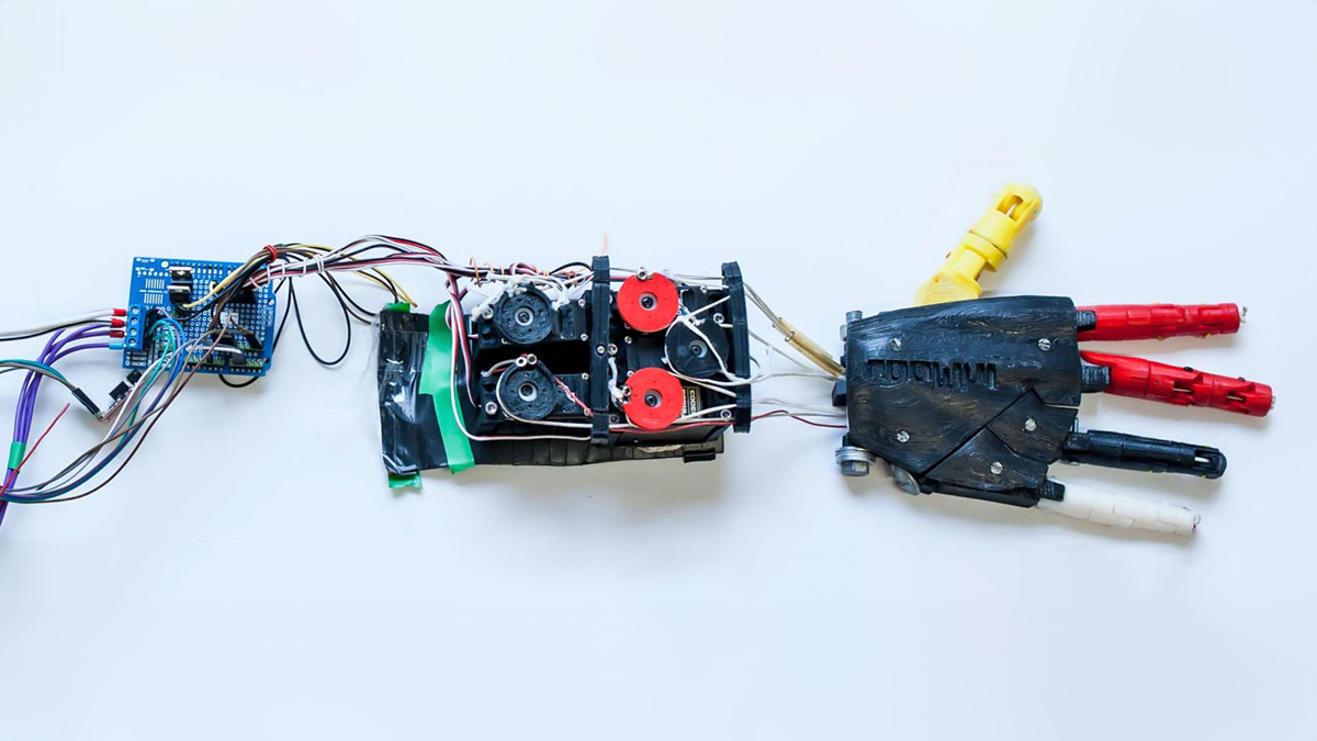 A pieced together robotic hand.