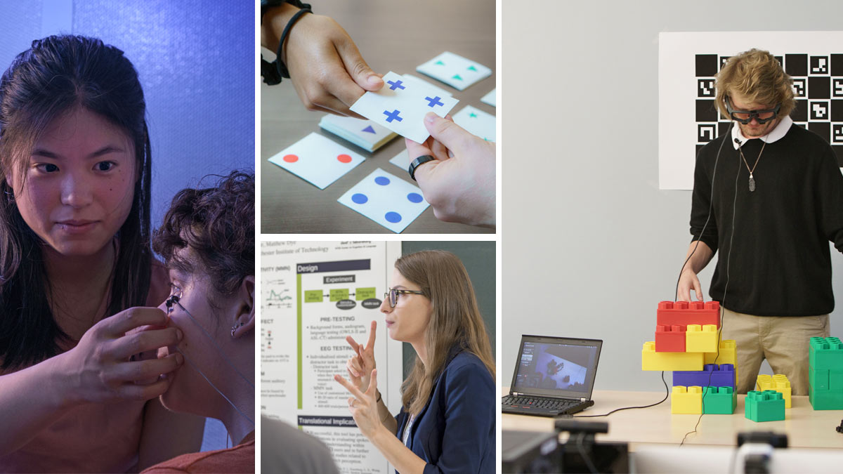 A collage of images showing a student putting sensors on a subject's face, two hands touching a flashcard, a person giving a poster presentation, and a person wearing special goggles while performing a task involving stacking large colored blocks.