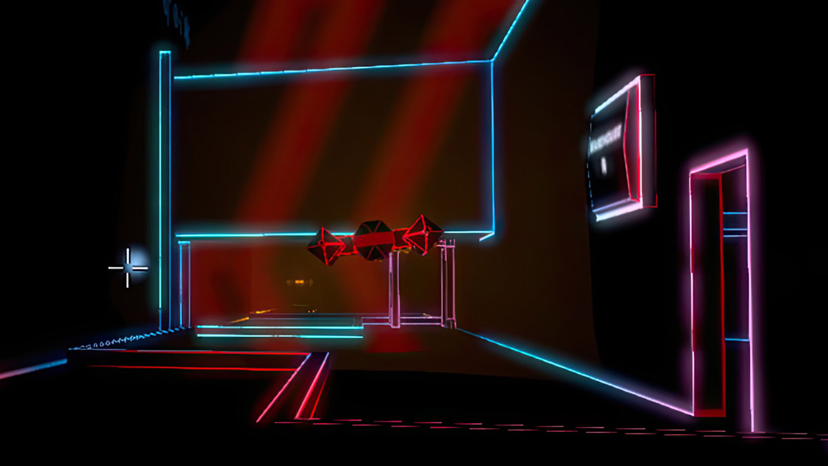 3d graphics of a futuristic neon-lit scene.