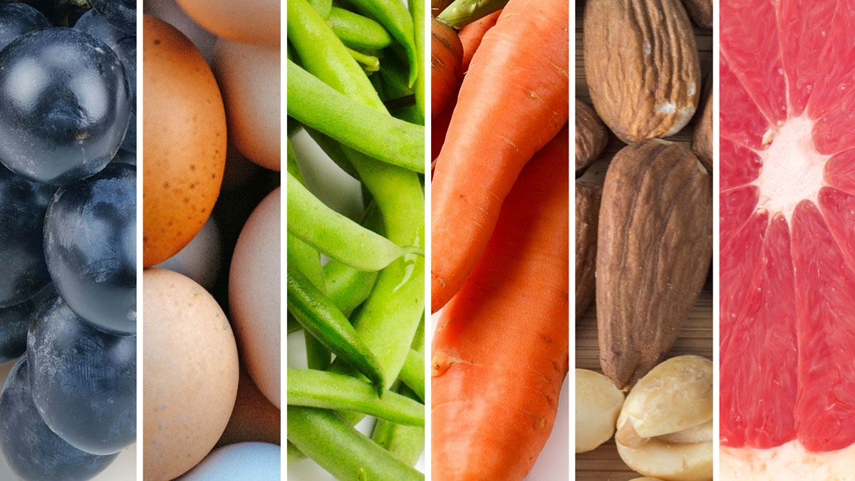 A collage of fruits, vegetables, eggs, and nuts.