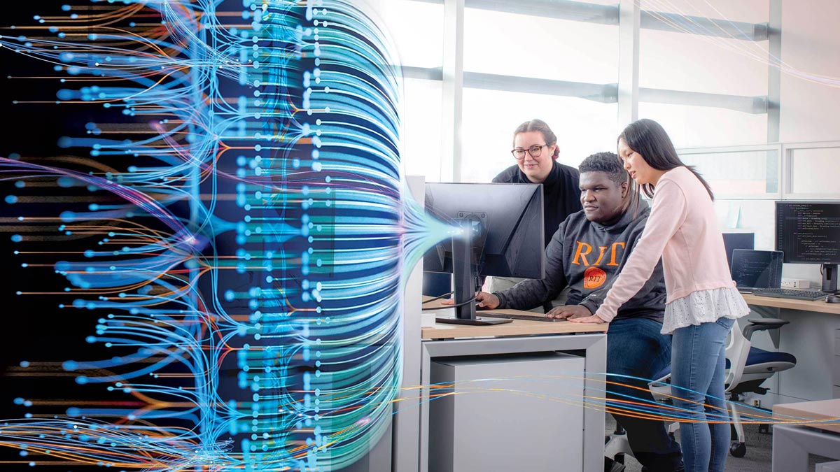 Students sit around a desktop computer looking at the screen. The left of the photo is dark with overlayed blue graphic lines that look like fiber optic wires.