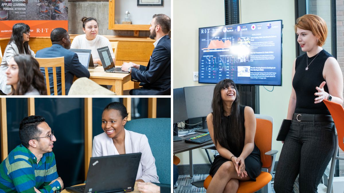 A collage of photos of students in the Saunders College of Business.