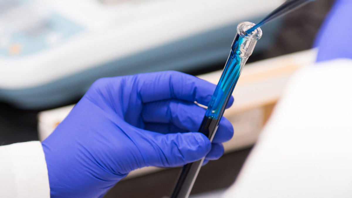 Blue-gloved hands use a tiny pipette to put blue liquid into a thin vile.