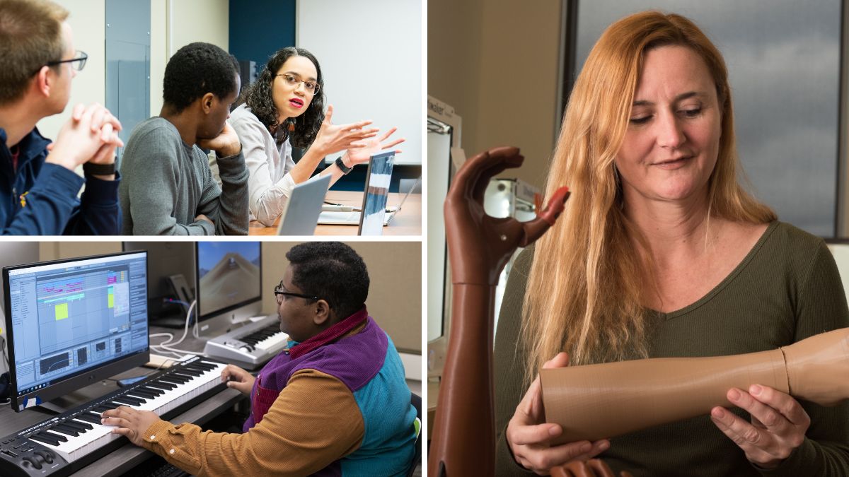 A collage of students working on a variety of projects. One holds a prosthetic arm.