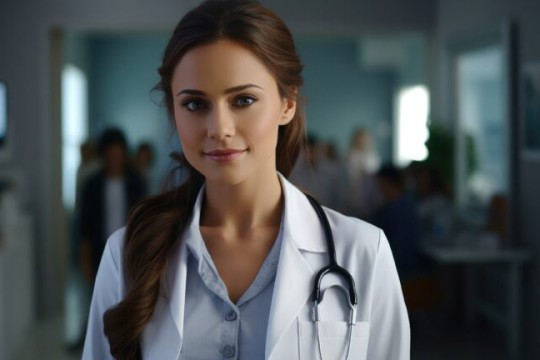 A realistic image of a female doctor created using generative AI to illustrate how AI doctors on screen may be used for healthcare in the future.