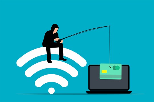 an illustration of a masked man sitting on top of a wifi signal holding a fishing pole with a credit card as bait over a laptop. The image is used to signify a phishing scheme.