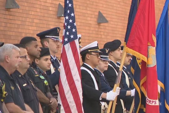 'members of the military are shown in profile standing in a line and holding various flags.'