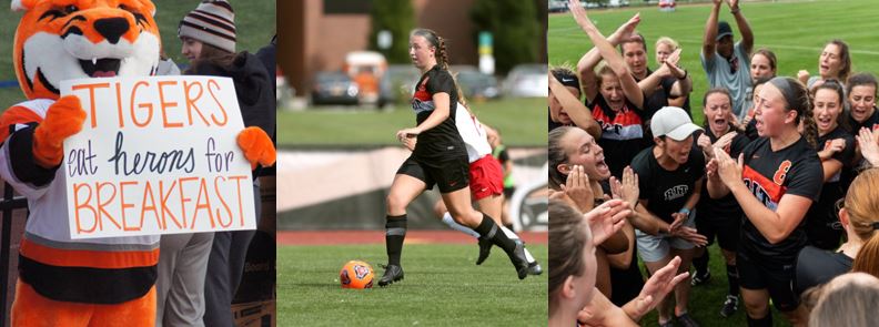 a collage of women's soccer players and the RIT mascot