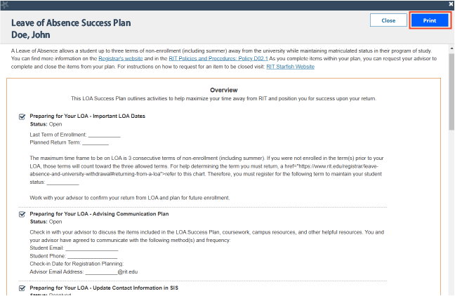 This is one of the view of an LOA Success plan. It starts with a paragraph overview of the plan. Below that is the plan itslef with all the to-do items in the created success plan. In the right corner there is a button labeled "Print" with a red box around it