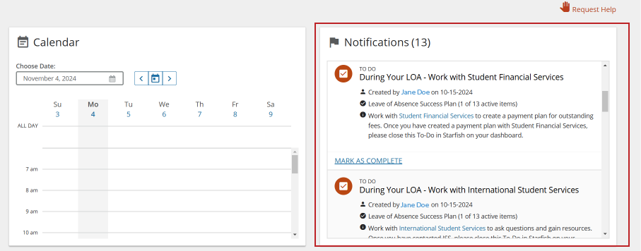 Student Dashboard screenshot. The left side is a week view of the students calendar. The right side is a view of all alerts/notifications 