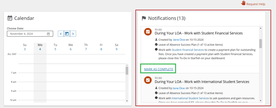 Student Dashboard screenshot. The left side is a week view of the students calendar. The right side is a view of all alerts/notifications. There is a link labeled "MARK AS COMPLETE" with a green box around it