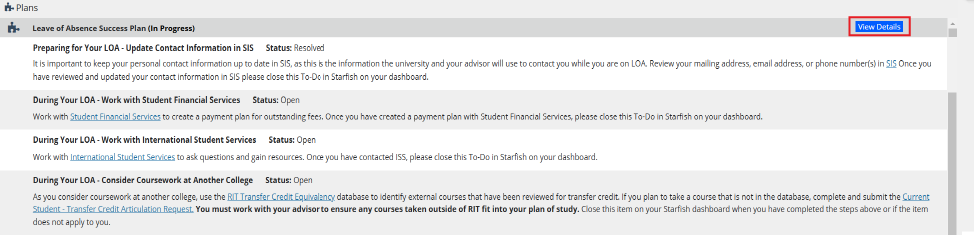 A grey screen outlining the LOA success Plans and the titles of the to-dos. There is a blue link labeled "View Details" with a red box around it. 