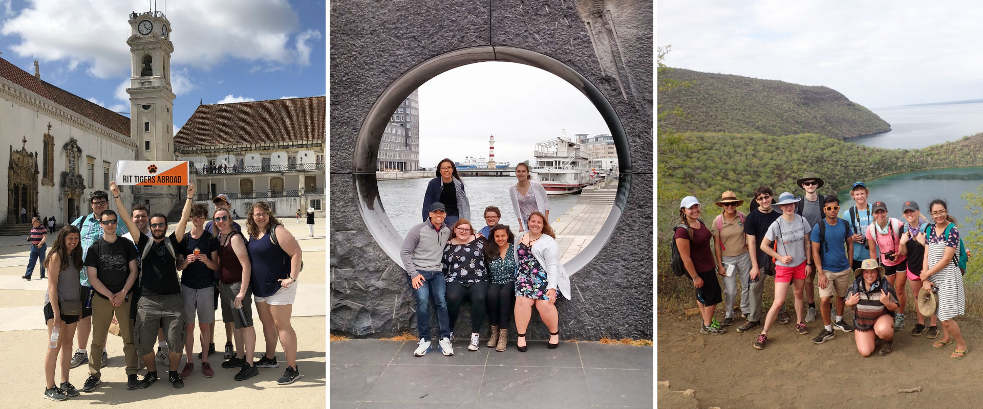 RIT students participating in study abroad programs, exploring historic landmarks, scenic viewpoints, and group adventures worldwide.