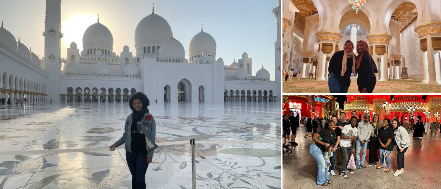 Collage of Dubai experience: students at Sheikh Zayed Grand Mosque and enjoying vibrant nighttime festivities at Global Village.