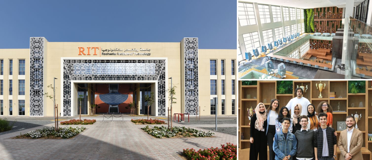 Collage of RIT Dubai campus: modern building exterior, bright interior study space, and smiling group of students indoors.