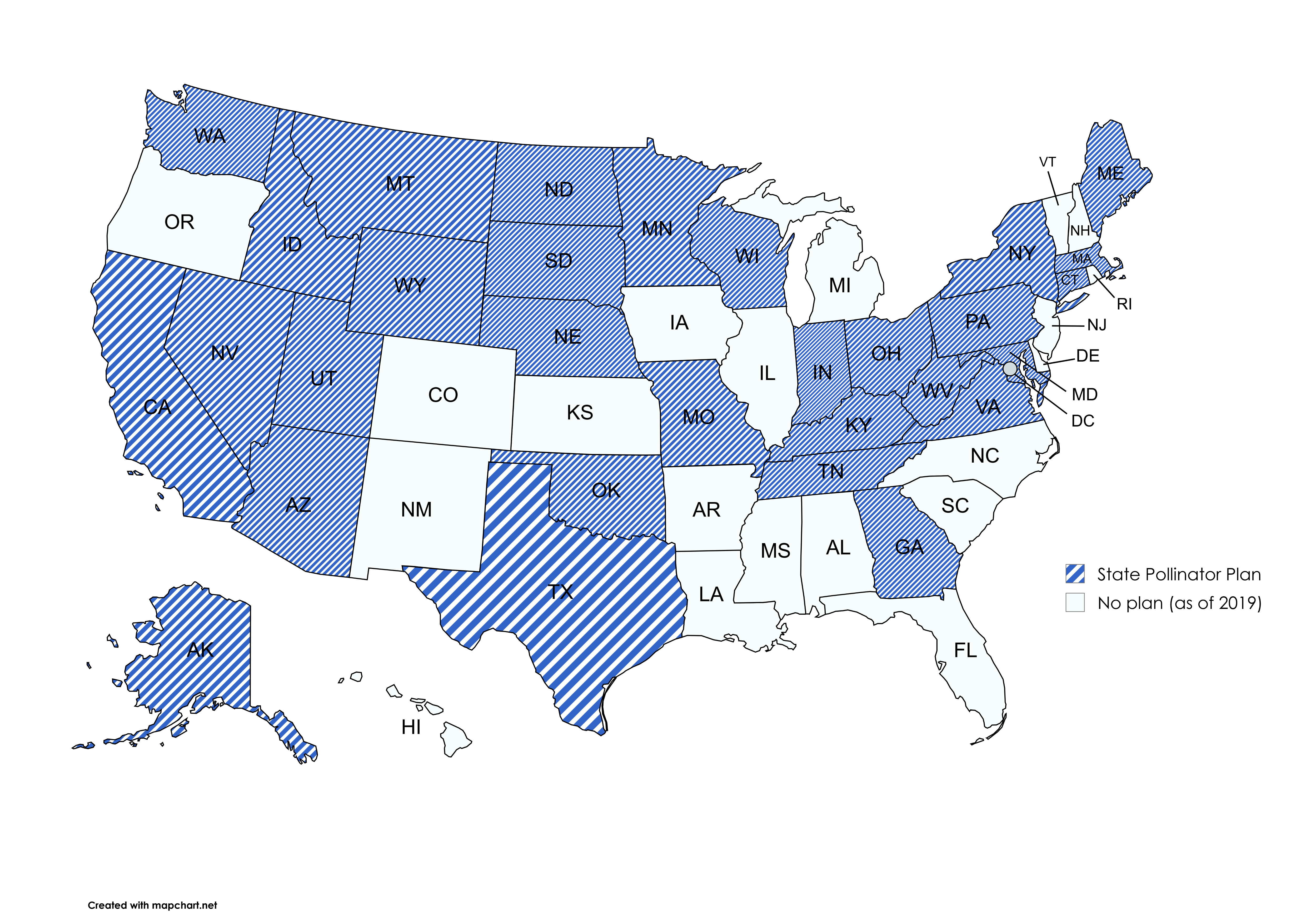 decorative image of US state map showing which ones have pollinator plans, as discussed in the chapter