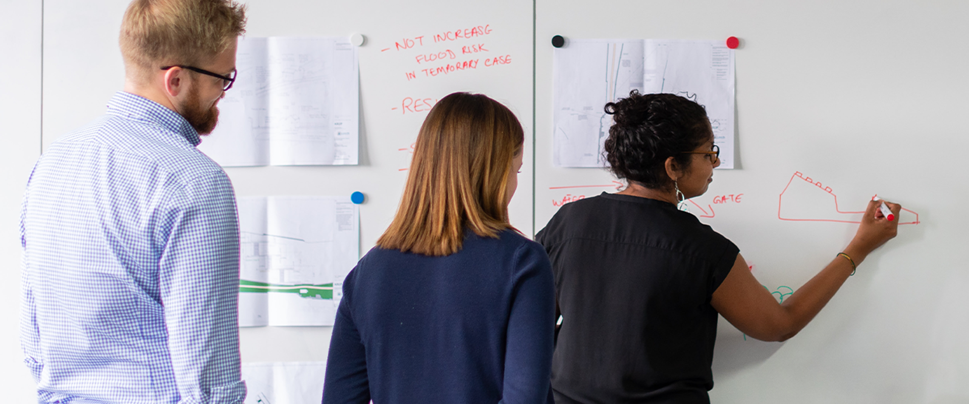 Coworkers standing together, facing a board writing on notes that are posted up